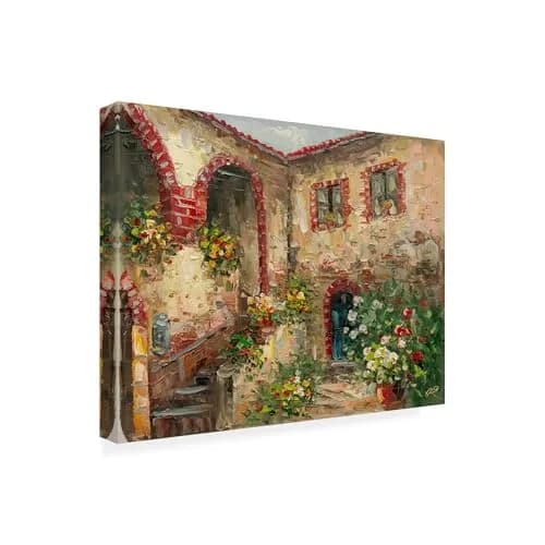 Trademark Fine Art Tuscany Courtyard Wall Art 19"L x 14"W | Vibrant Floral Canvas for Living Room & Office thumbnail 1