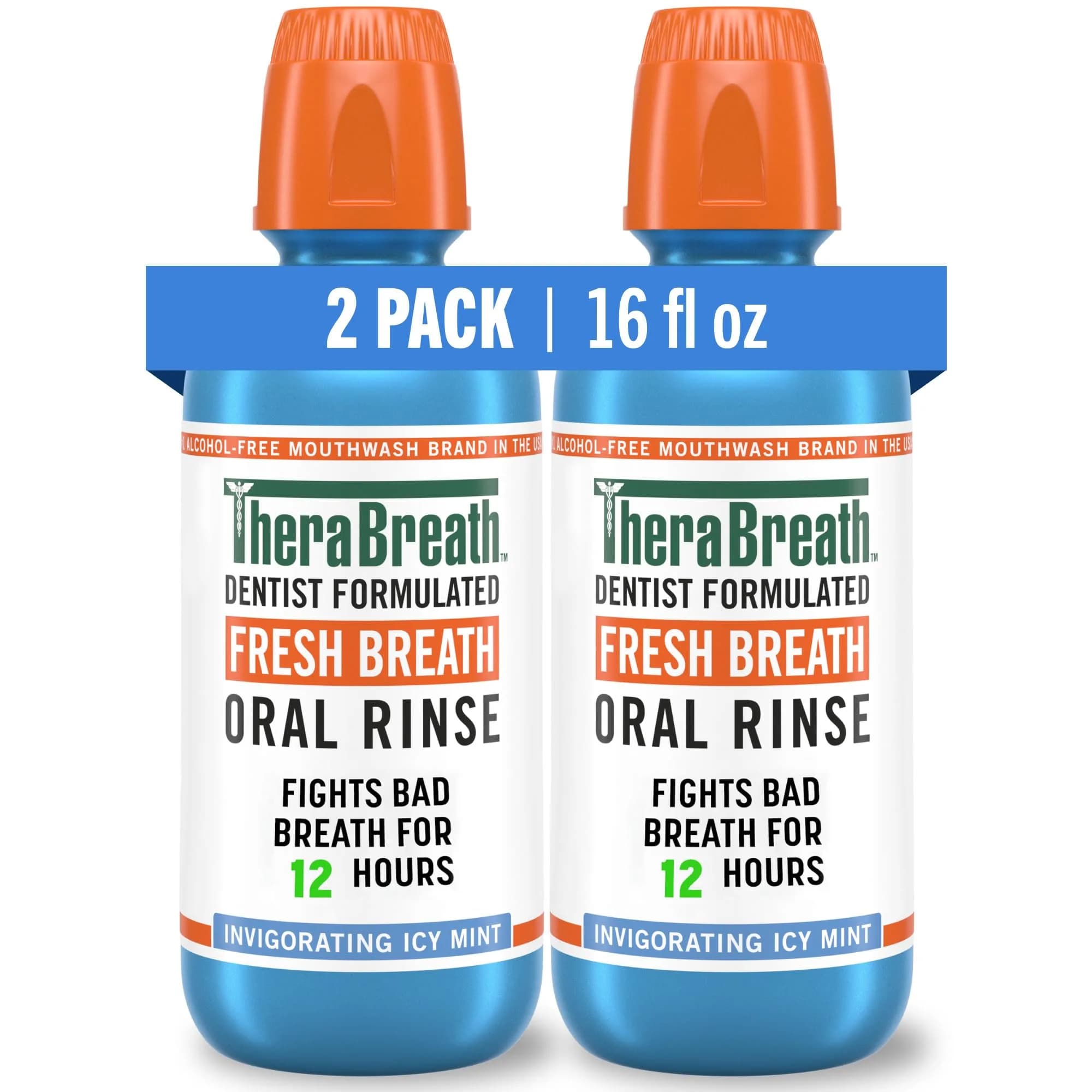 TheraBreath Mouthwash Icy Mint 16 Fl Oz | Alcohol-Free, Dentist-Formulated, 2-Pack
