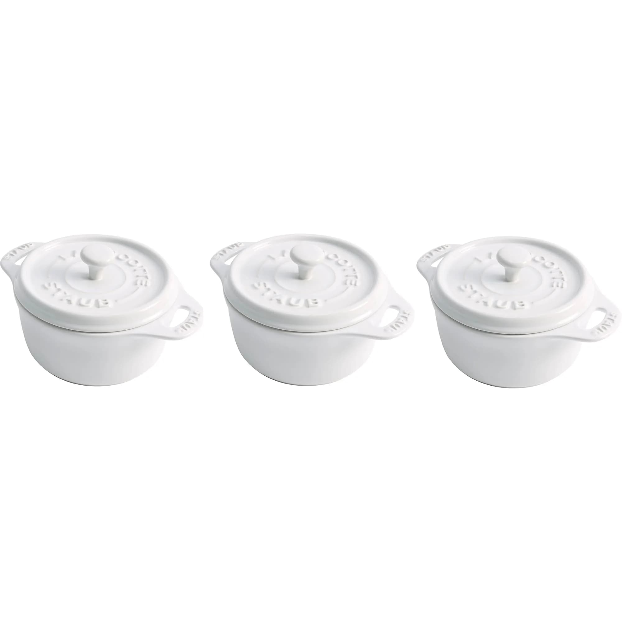STAUB Ceramic Dutch Oven 3-piece Mini Round Cocotte, White | Oven & Microwave Safe, 0.25 qt