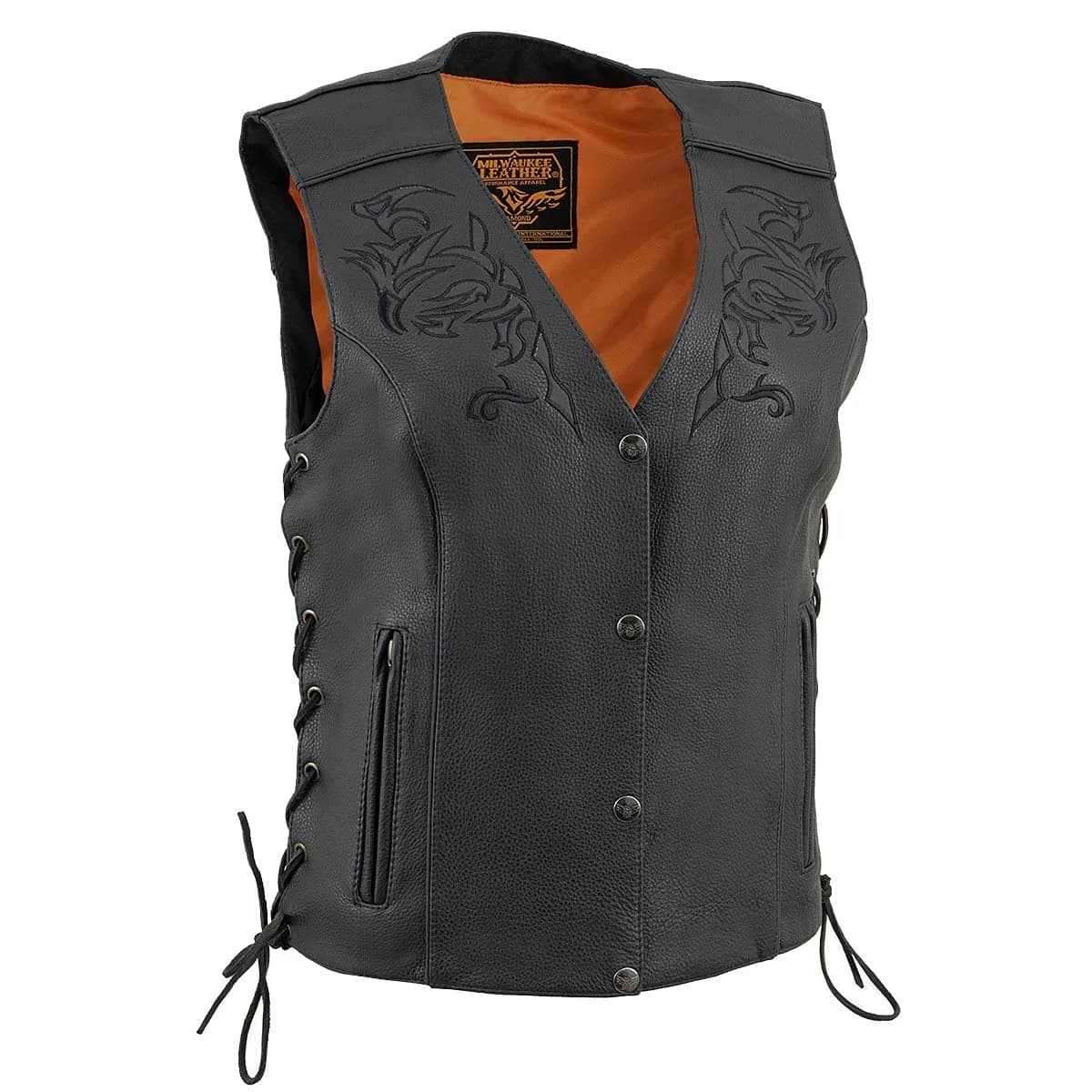 Milwaukee Leather ML1296 Women's Black Leather Motorcycle Vest | Reflective Tribal Design, Side Laces, 5X-Large — Small