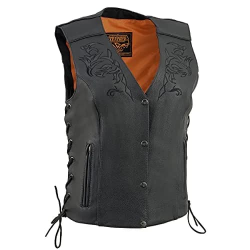 Milwaukee Leather ML1296 Women's Black Leather Motorcycle Vest | Reflective Tribal Design, Side Laces, 5X-Large thumbnail 1
