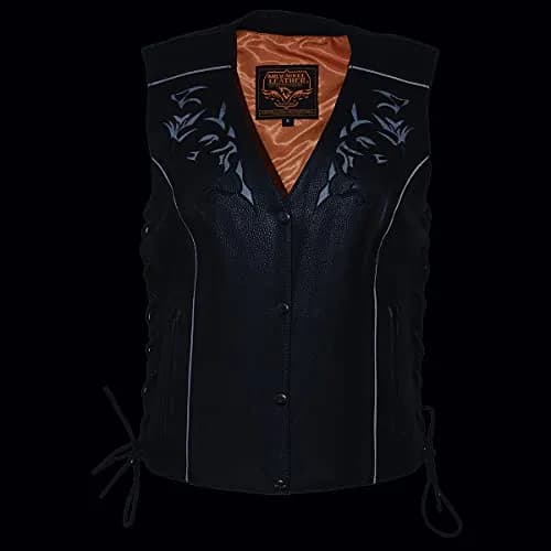 Milwaukee Leather ML1296 Women's Black Leather Motorcycle Vest | Reflective Tribal Design, Side Laces, 5X-Large thumbnail 9