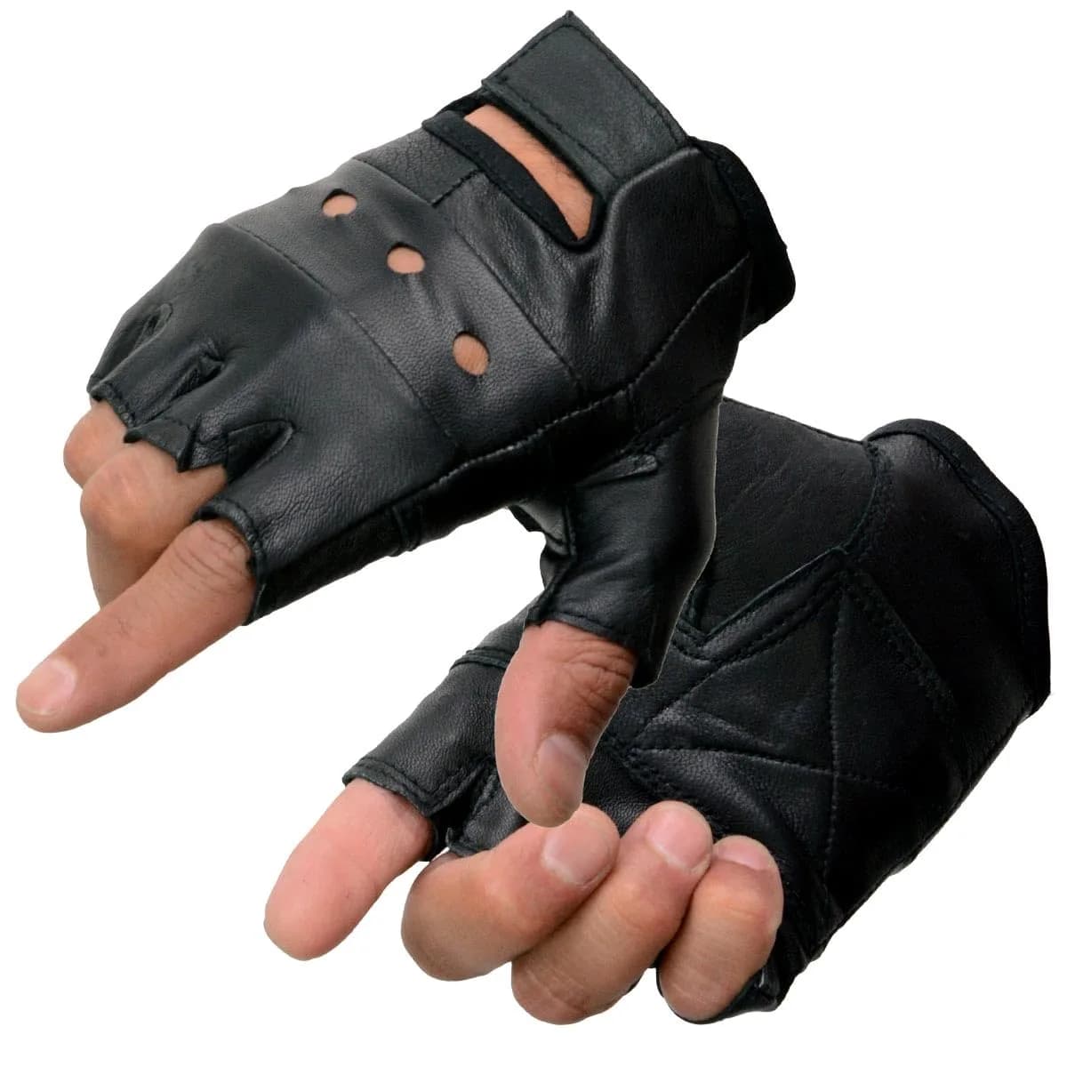 Milwaukee Leather SH216 Men's Black Leather Fingerless Motorcycle Gloves | Gel Padded Palm & Breathable Open Knuckle — Black