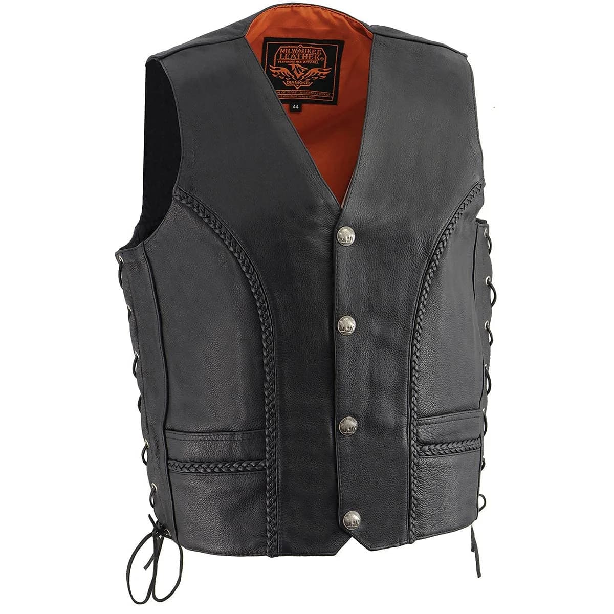 Milwaukee Leather ML1359 Men's Black Premium Leather Side Lace Motorcycle Vest 40 | Superior Abrasion Resistance & Concealed Carry — 48