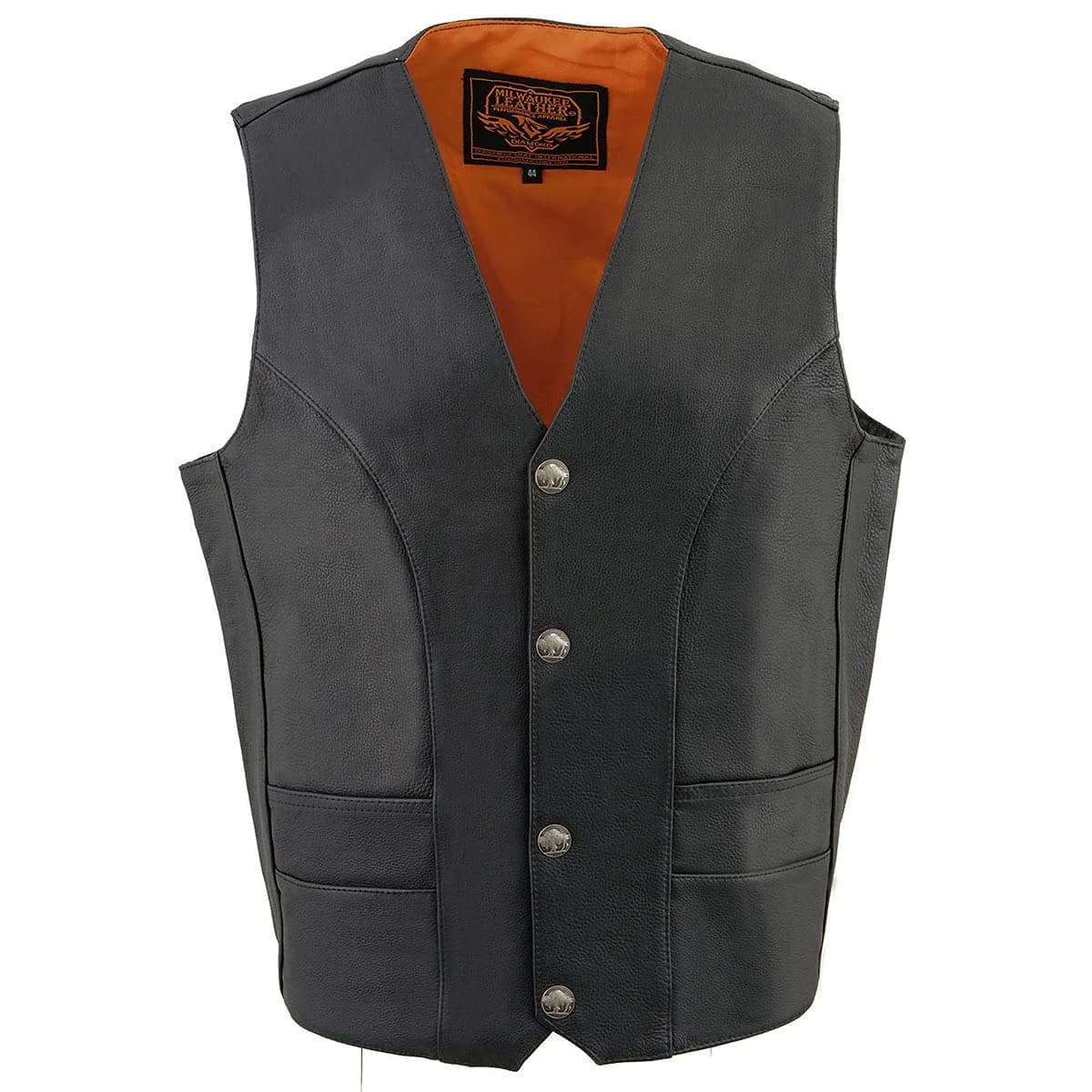 Milwaukee Leather ML1368 Men's Black Premium Leather V-Neck Motorcycle Vest with Buffalo Nickel Snaps - Size 60 - main product image