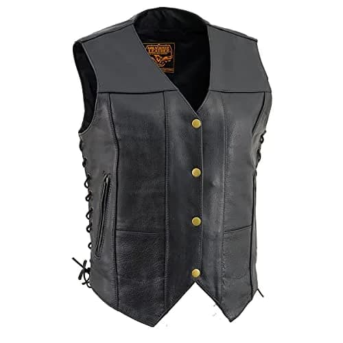 Milwaukee Leather SH1292 Women's Black Leather Side Lace 6 Pocket Motorcycle Vest | Durable Full-Grain Leather, Concealed Carry, Snug Fit, All-Weather thumbnail 1