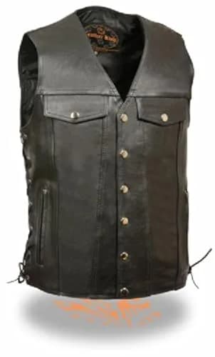 Leather King Men's Denim Pocket Side Lace Vest (Black, Size 44) | Classic Motorcycle Style with Optimal Fit thumbnail 1