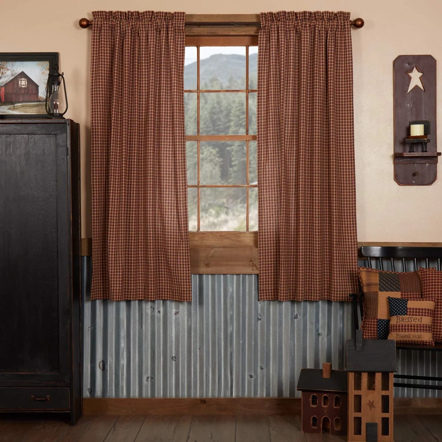 VHC Brands Patriotic Patch 36 in W x 63 in L Plaid Light Filtering Rod Pocket Window Panel Red Navy Khaki Pair — 36"W x 63"L