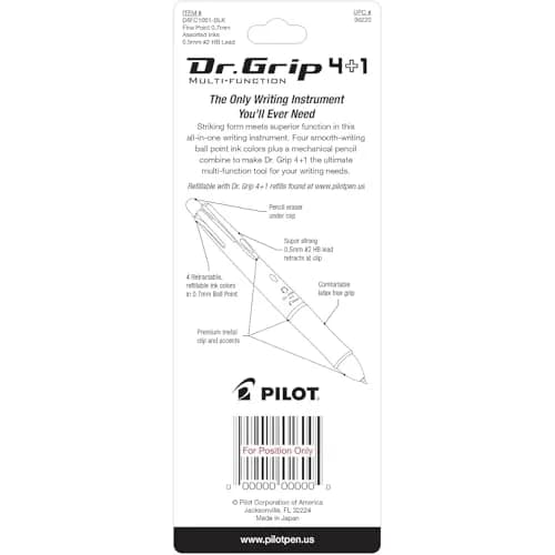 PILOT Dr. Grip 4+1 Multi-Function Ballpoint Pen + Pencil, Fine Point 0.7mm, Black Barrel, 4-Color Ink | Arthritis Foundation Commended Ergonomic Grip thumbnail 4