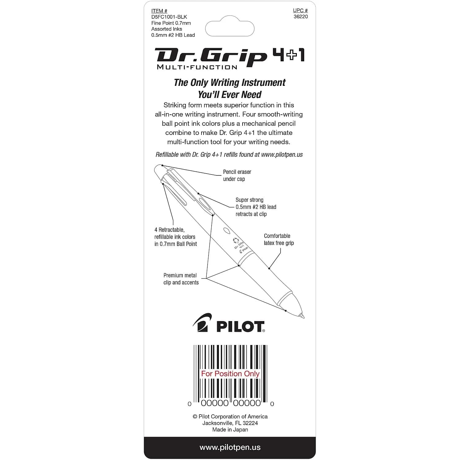 PILOT Dr. Grip 4+1 Multi-Function Ballpoint Pen + Pencil, Fine Point 0.7mm, Black Barrel, 4-Color Ink | Arthritis Foundation Commended Ergonomic Grip - view 4