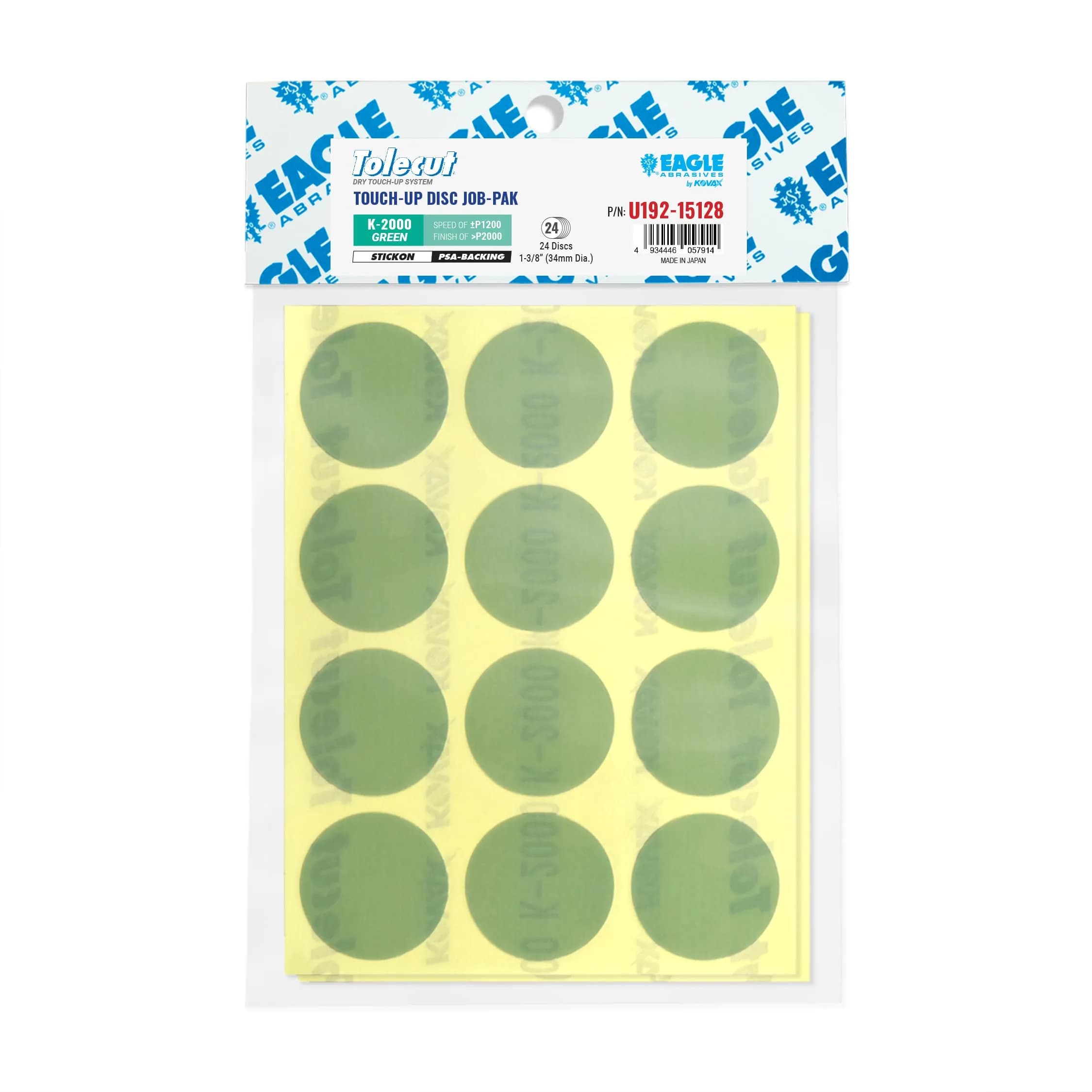 Eagle Abrasives Tolecut PSA Touch-Up Discs 34mm Green K-2000 | Dry, Precise Sanding for Automotive & Woodwork
