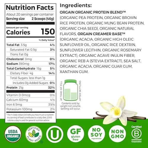 Orgain Organic Vegan 21g Protein Powder Vanilla Bean 0.91 kg (2.03 lb) | USDA Organic Plant-Based Protein for Muscle Recovery thumbnail 2