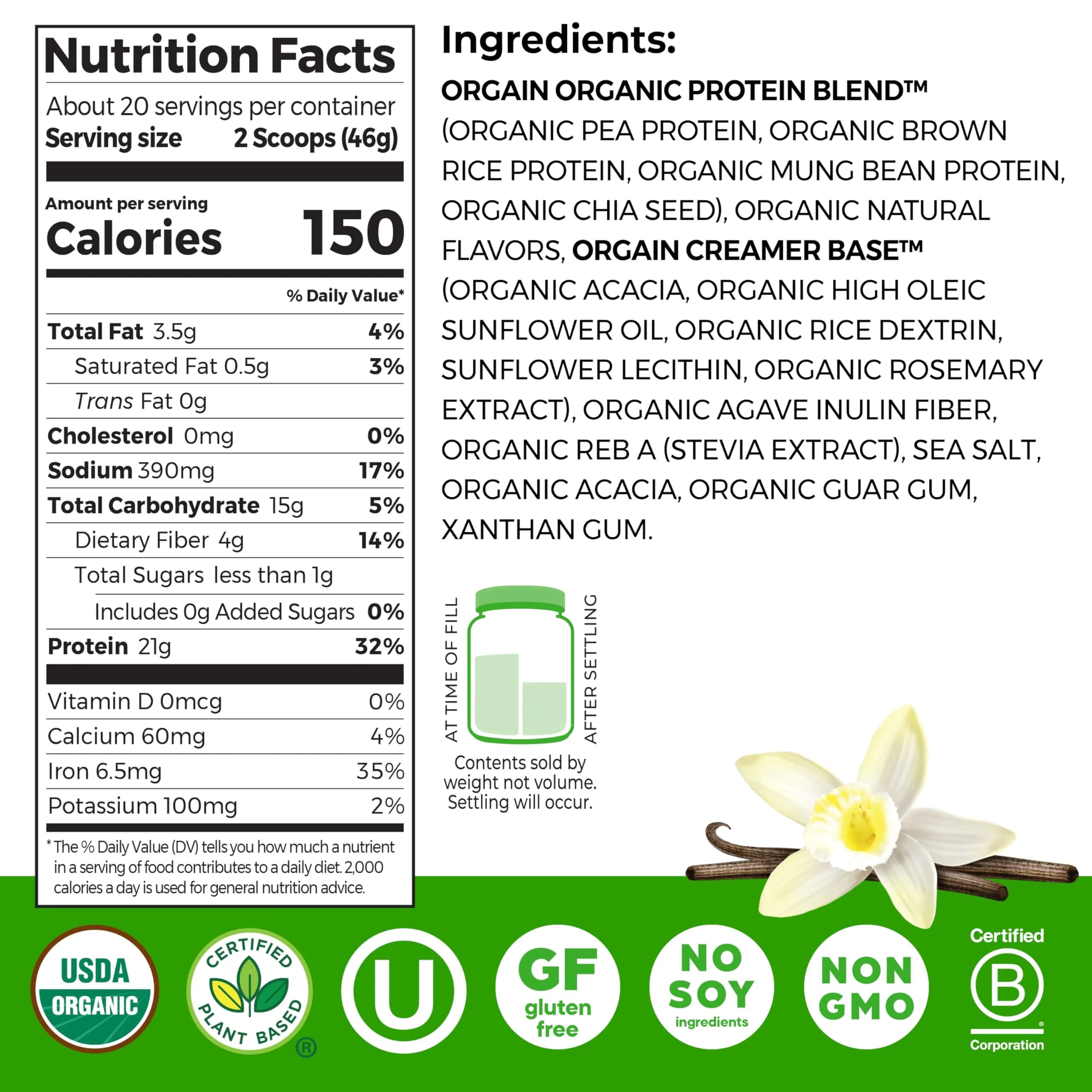 Orgain Organic Vegan 21g Protein Powder Vanilla Bean 0.91 kg (2.03 lb) | USDA Organic Plant-Based Protein for Muscle Recovery - view 2