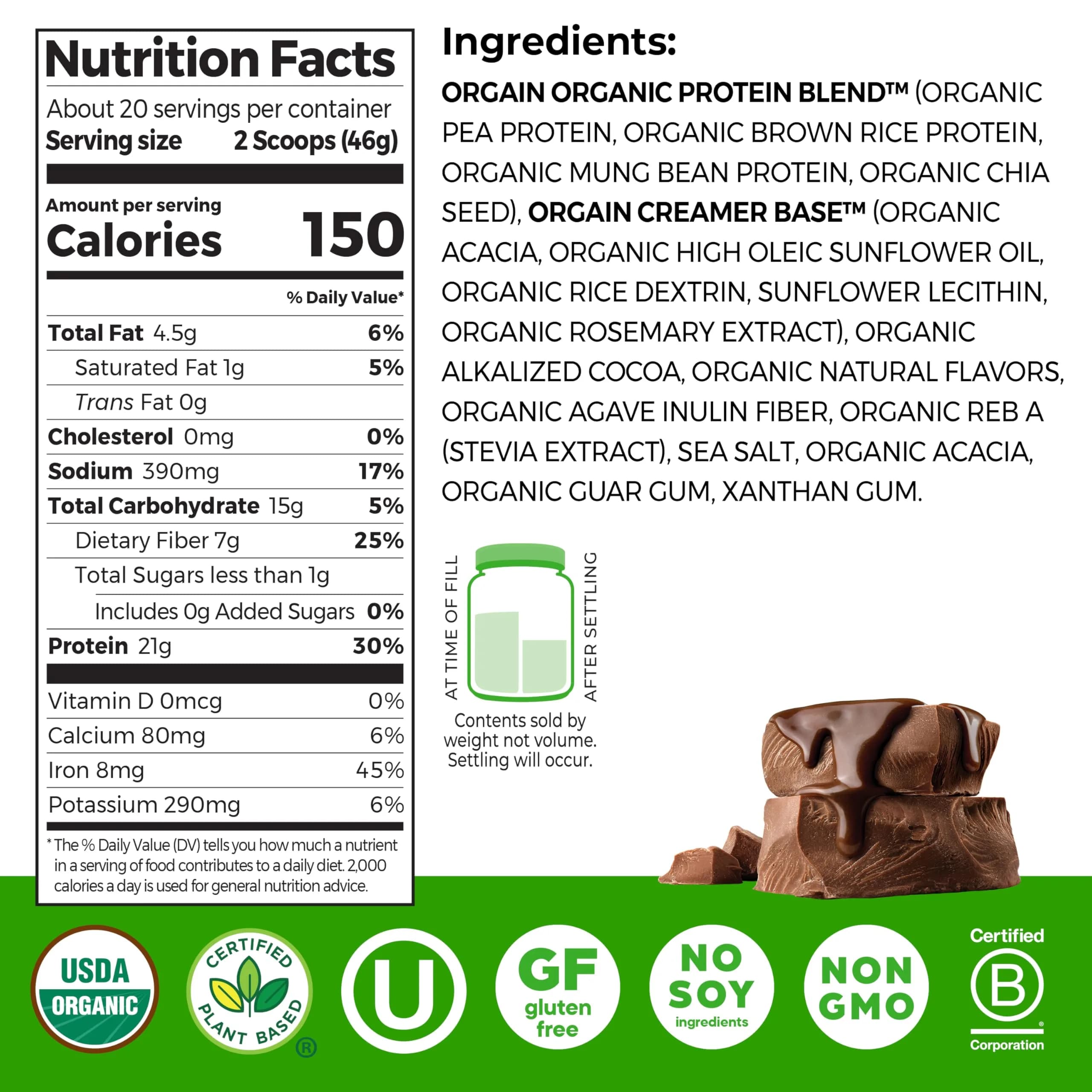 Orgain Organic Vegan Protein Powder Creamy Chocolate Fudge 2.03 lb | 21g Plant Protein Per Serving - view 2