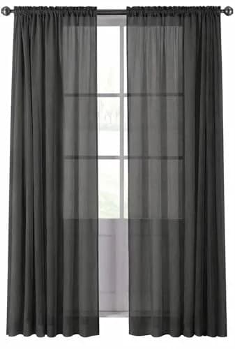 Royal Hotel Sheer Curtains – Crushed Rod Pocket Panels, 2-Pack, 50"W x 63"L, Black | Modern, Light Filtering, Easy Care thumbnail 1