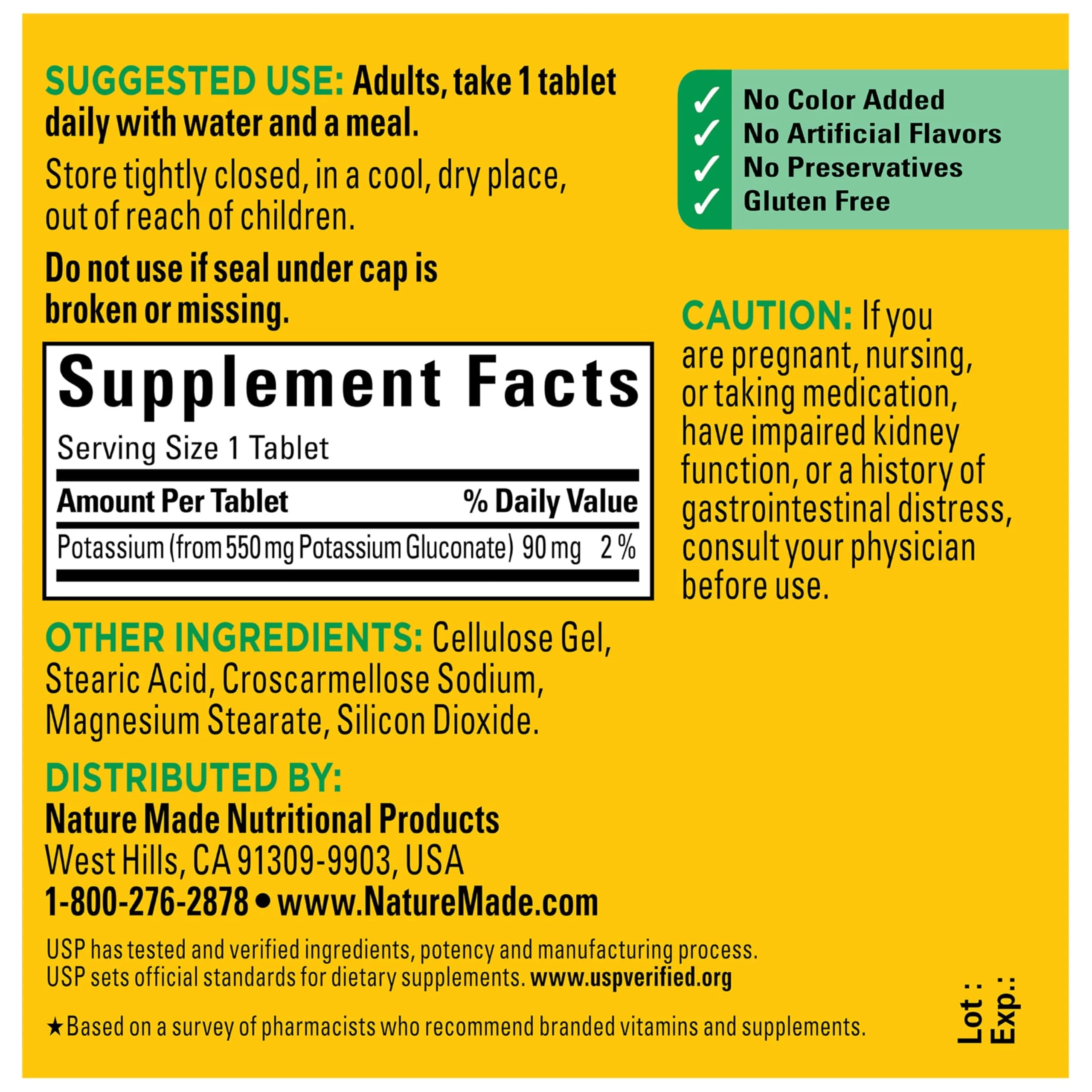 Nature Made Potassium Gluconate 550 mg Tablets | 90 mg Potassium per tablet | 100 Count - view 6