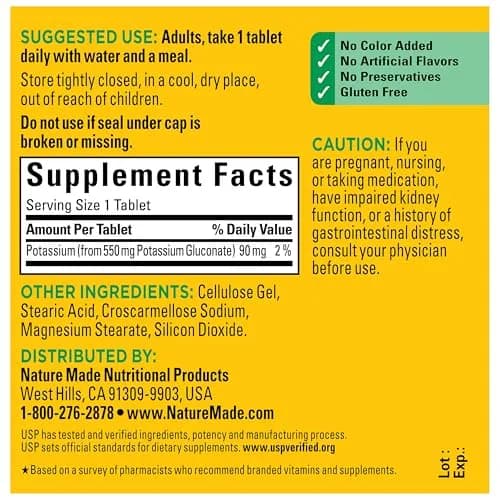 Nature Made Potassium Gluconate 550 mg Tablets | 90 mg Potassium per tablet | 100 Count thumbnail 6