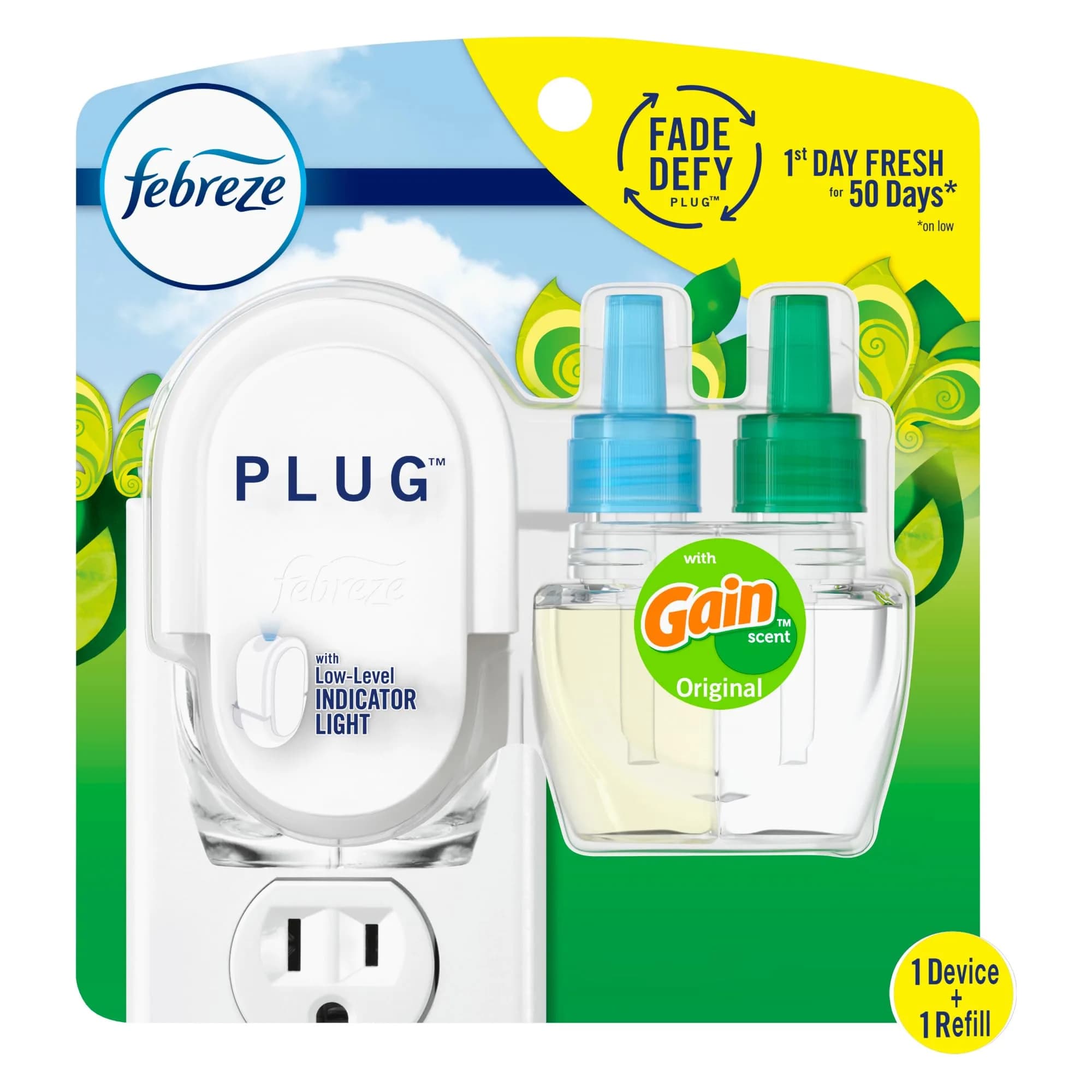 Febreze Fade Defy Plug Air Freshener Starter Kit Gain Original Scent | Odor-Fighting Scented Oil Warmer + 1 Refill - main product image