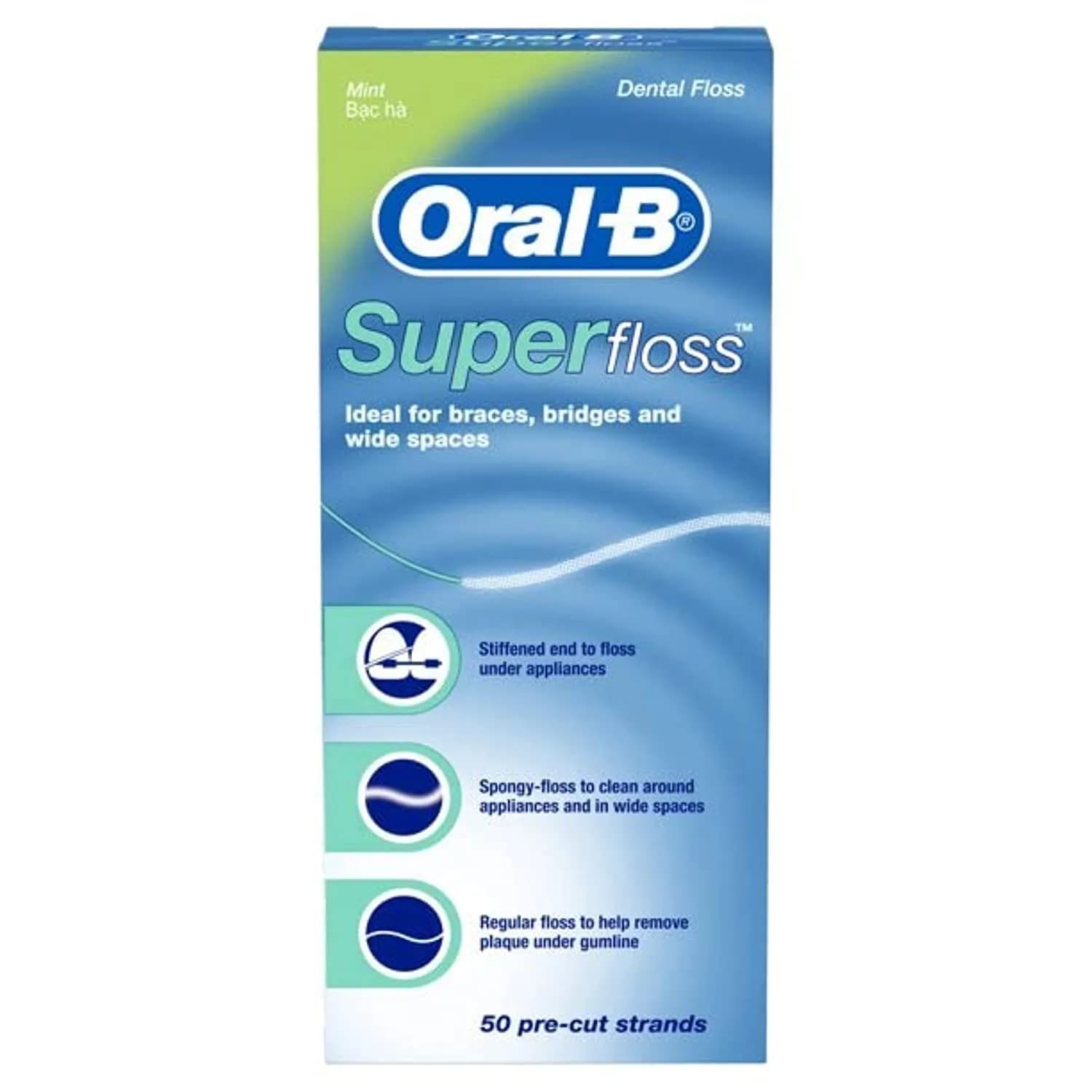 Oral-B Super Floss Mint Dental Floss for Braces Bridges - 100 Strips (2-Pack) | Triple-Action Cleaning for Braces & Bridges - main product image