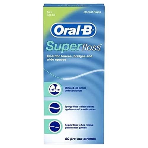 Oral-B Super Floss Mint Dental Floss for Braces Bridges - 100 Strips (2-Pack) | Triple-Action Cleaning for Braces & Bridges thumbnail 1