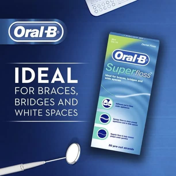 Oral-B Super Floss Mint Dental Floss for Braces Bridges - 100 Strips (2-Pack) | Triple-Action Cleaning for Braces & Bridges - view 4