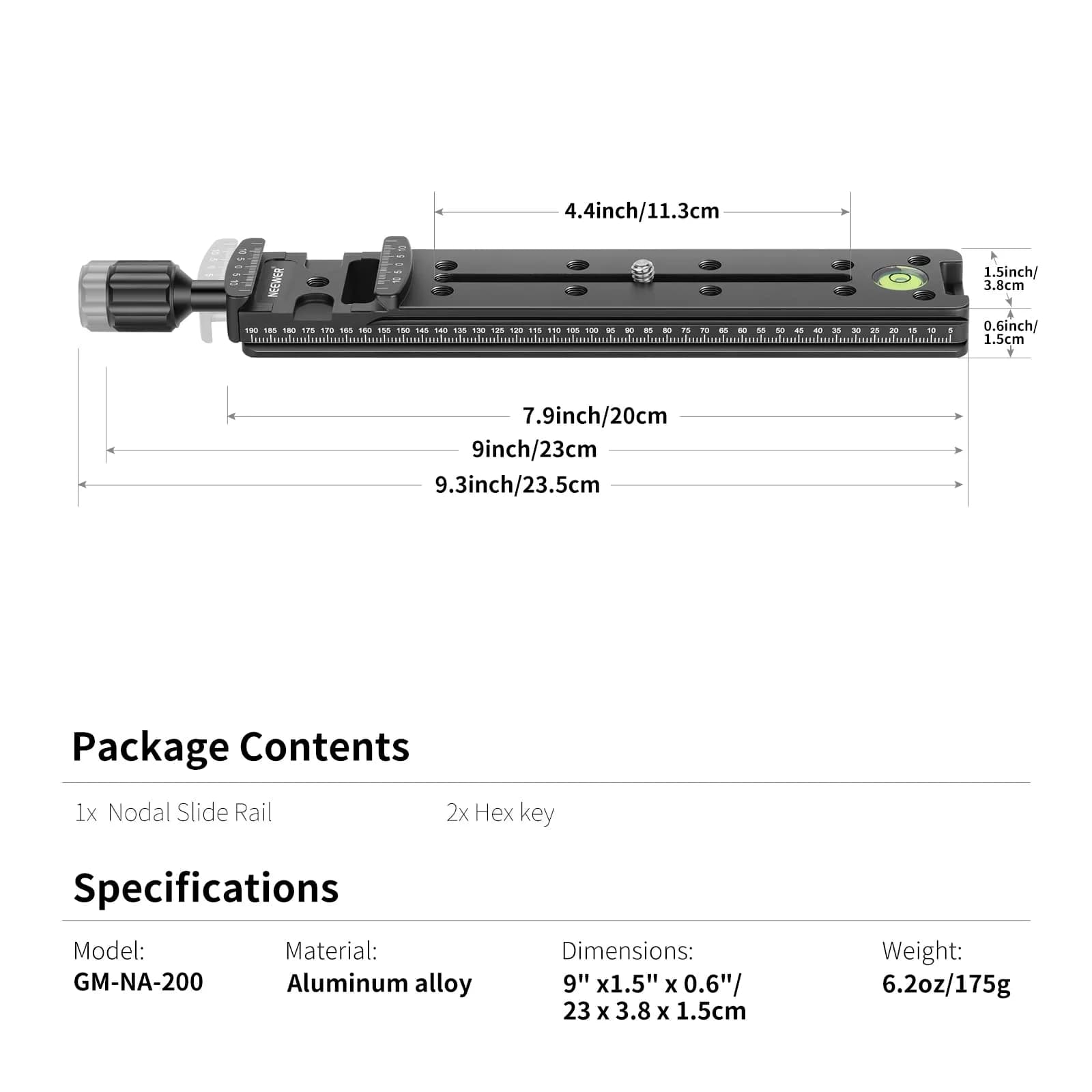 Neewer 200mm Professional Rail Nodal Slide Metal Quick Release Clamp for Camera | Precision Laser Engraved Scale & Spirit Level - view 2