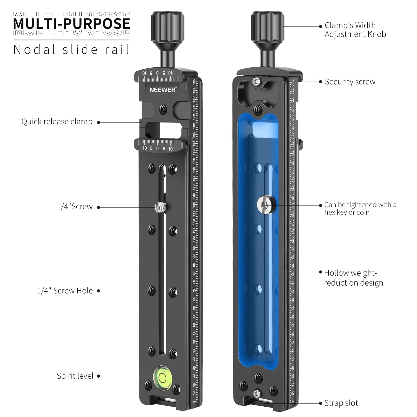 Neewer 200mm Professional Rail Nodal Slide Metal Quick Release Clamp for Camera | Precision Laser Engraved Scale & Spirit Level - view 3