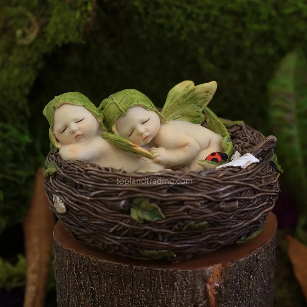 Top Collection Miniature Fairy Garden and Terrarium Sleeping Twin Fairy Babies in Nest Statue | Hand Painted Resin Garden Decor (2.5" H x 4" Dia)