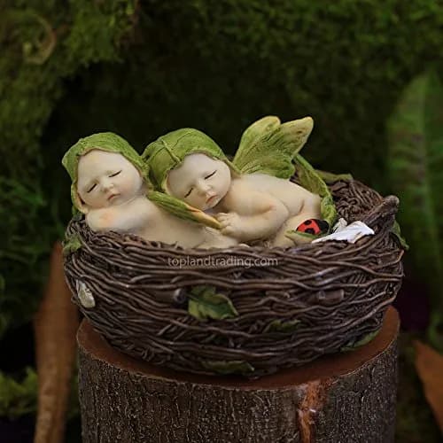 Top Collection Miniature Fairy Garden and Terrarium Sleeping Twin Fairy Babies in Nest Statue | Hand Painted Resin Garden Decor (2.5" H x 4" Dia) thumbnail 1