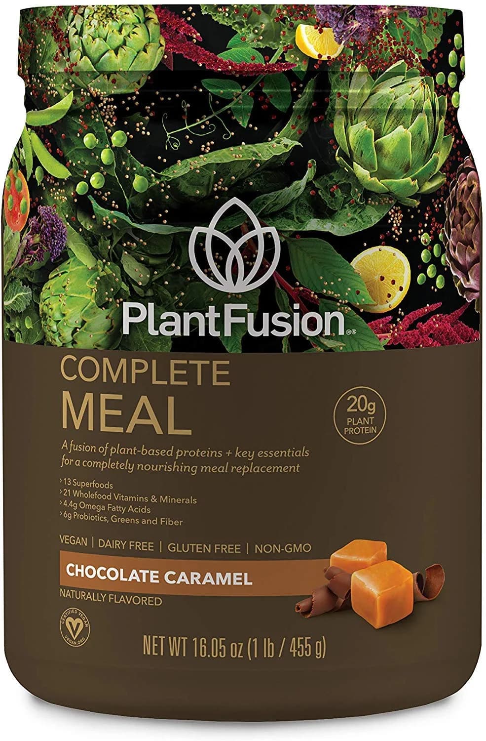 PlantFusion Complete Meal Replacement Shake - Plant Based Protein Powder with Superfoods, Greens & Probiotics - Vegan, Gluten Free, Soy Free, Non-Dairy, No Sugar, Non-GMO - Chocolate Caramel 15.9 oz (Pack of 1) | Complete Nutrition