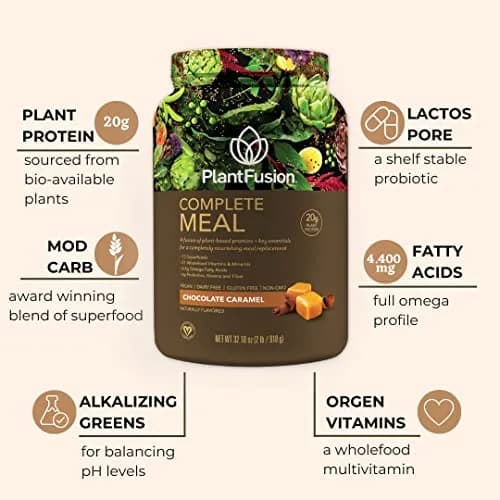 PlantFusion Complete Meal Replacement Shake - Plant Based Protein Powder with Superfoods, Greens & Probiotics - Vegan, Gluten Free, Soy Free, Non-Dairy, No Sugar, Non-GMO - Chocolate Caramel 15.9 oz (Pack of 1) | Complete Nutrition thumbnail 2