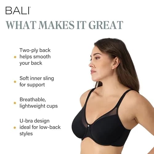 Bali Women's One Smooth U Ultra Light Illusion Neckline Underwire Bra, Black, 34D | Seamless, Breathable Support thumbnail 2