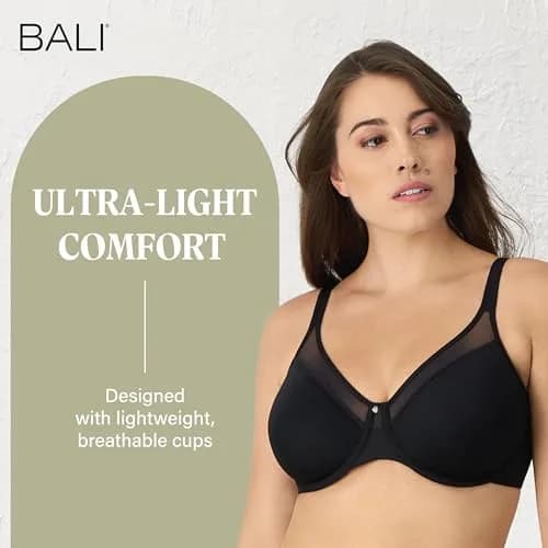 Bali Women's One Smooth U Ultra Light Illusion Neckline Underwire Bra, Black, 34D | Seamless, Breathable Support thumbnail 3