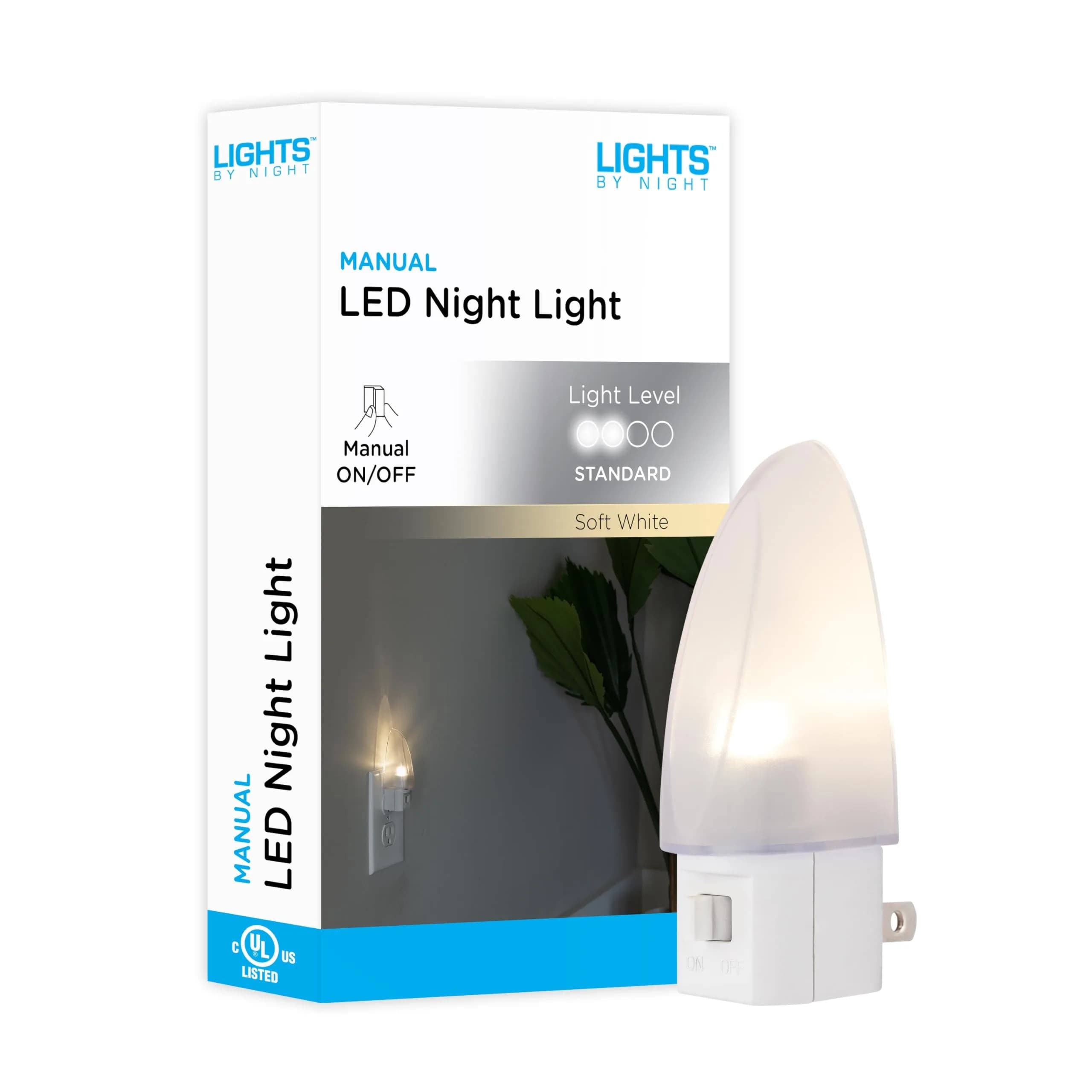 Lights By Night Plug-in LED Night Light with Manual On/Off Switch, Clear Shade (1 Pack, Warm White) - main product image
