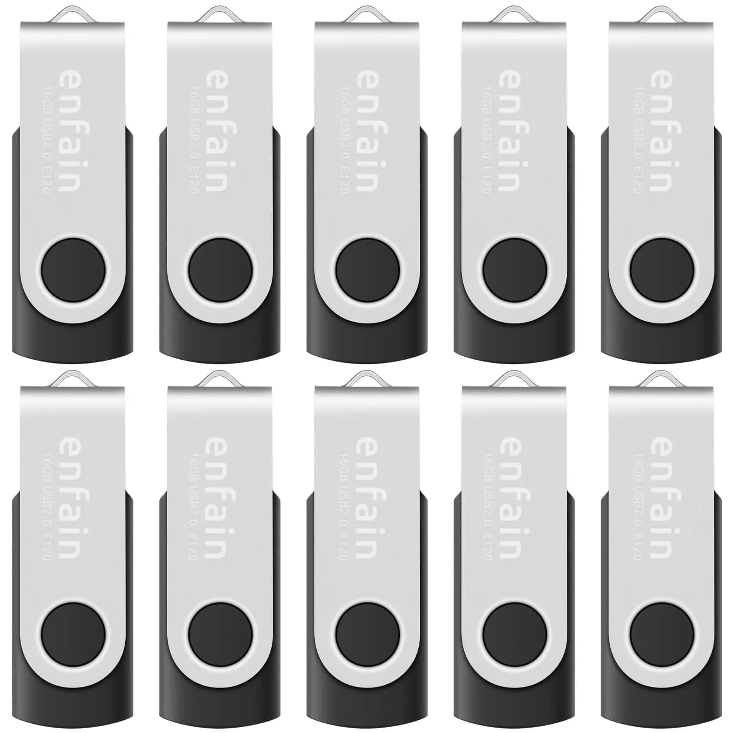 Enfain 16GB USB 2.0 Flash Drive 10 Pack | Swivel Thumb Drives with Labels for Office & Events