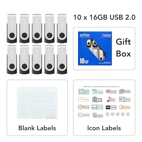Enfain 16GB USB 2.0 Flash Drive 10 Pack | Swivel Thumb Drives with Labels for Office & Events thumbnail 2