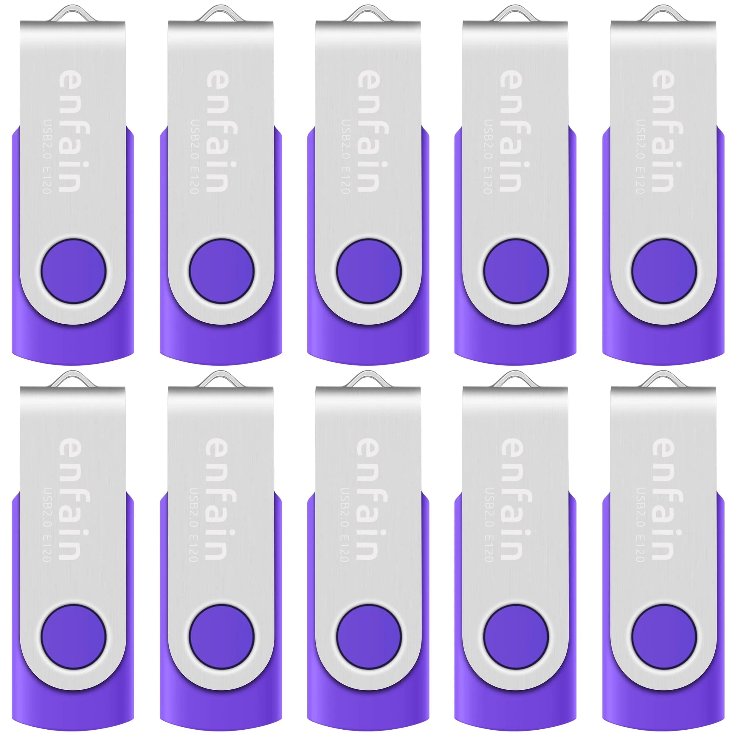 Enfain 16GB USB 2.0 Flash Drive 10-Pack Red | Swivel Cap, 160GB Total Storage | 3.2 cm (1.25 in) x 1.9 cm (0.75 in) — Purple