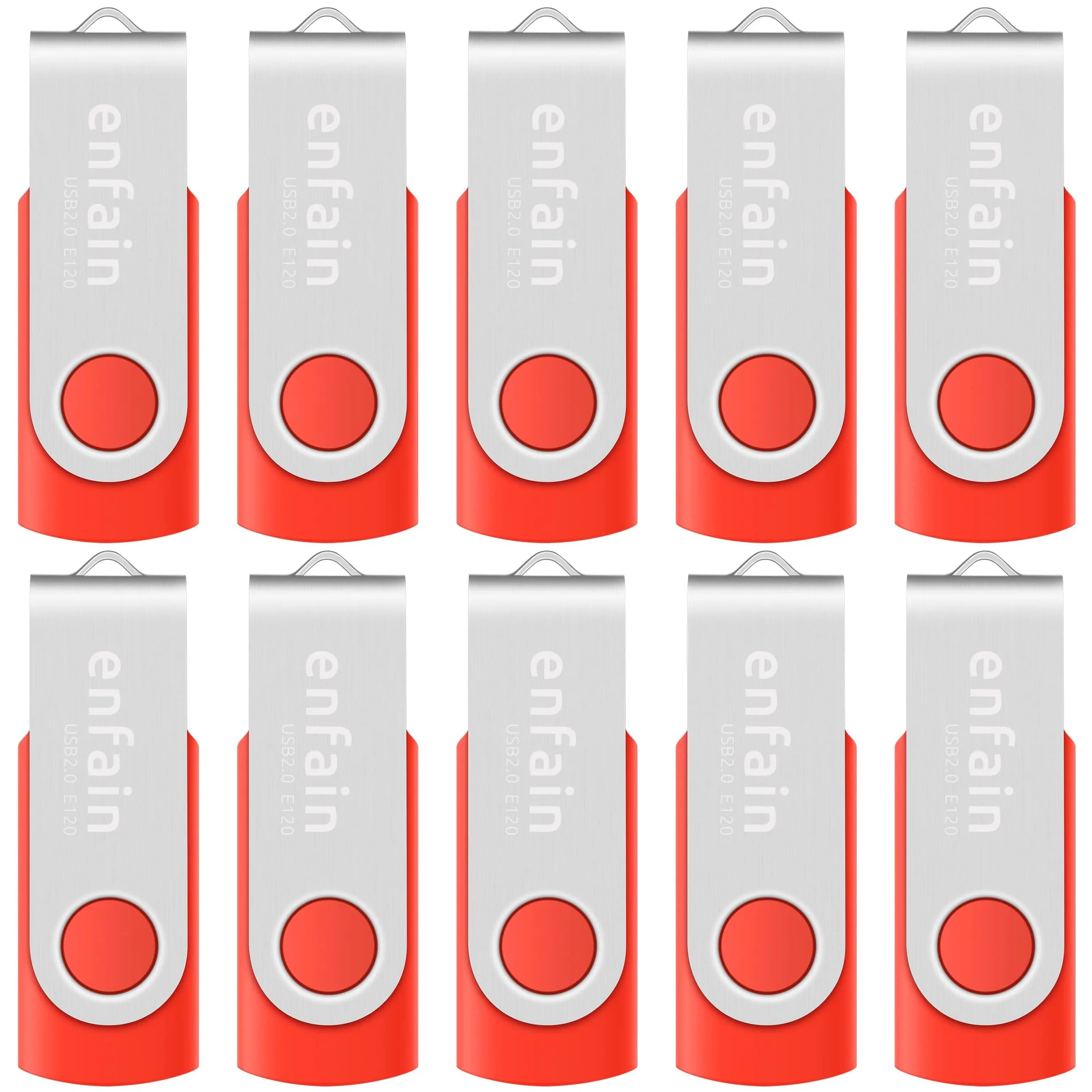 Enfain 16GB USB 2.0 Flash Drive 10-Pack Red | Swivel Cap, 160GB Total Storage | 3.2 cm (1.25 in) x 1.9 cm (0.75 in) — Red