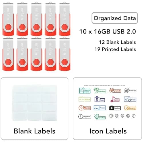 Enfain 16GB USB 2.0 Flash Drive 10-Pack Red | Swivel Cap, 160GB Total Storage | 3.2 cm (1.25 in) x 1.9 cm (0.75 in) thumbnail 2