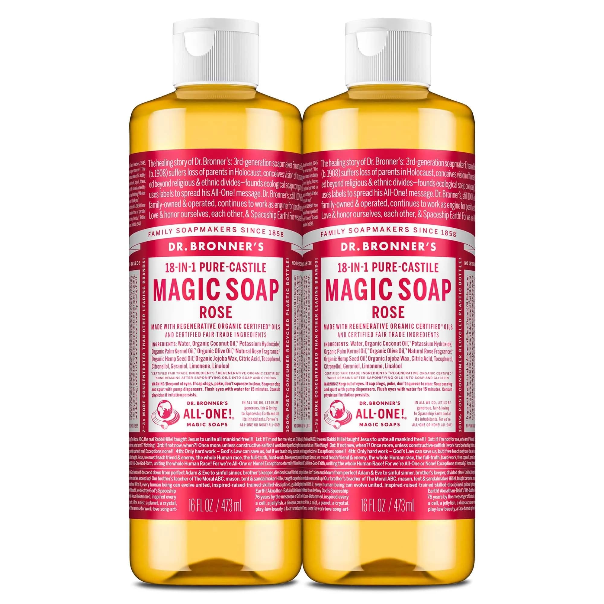 Dr. Bronner's Rose Pure-Castile Liquid Soap | Gentle Body Wash, 16 Fl Oz (Pack of 2) - main product image