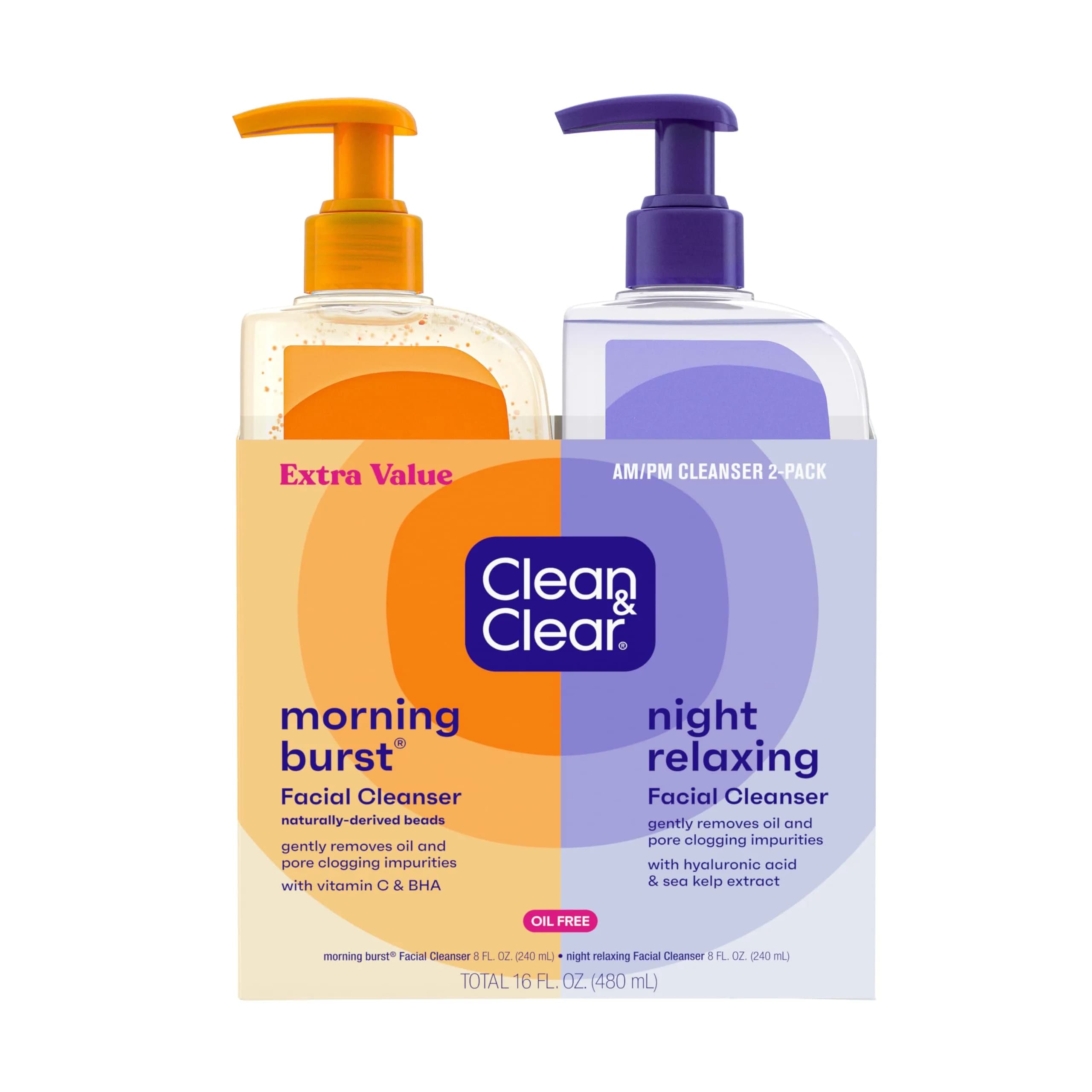 Clean & Clear Oil-Free Facial Cleanser 2-Pack | 473ml (16 Fl Oz) Morning Burst & Night Relaxing
