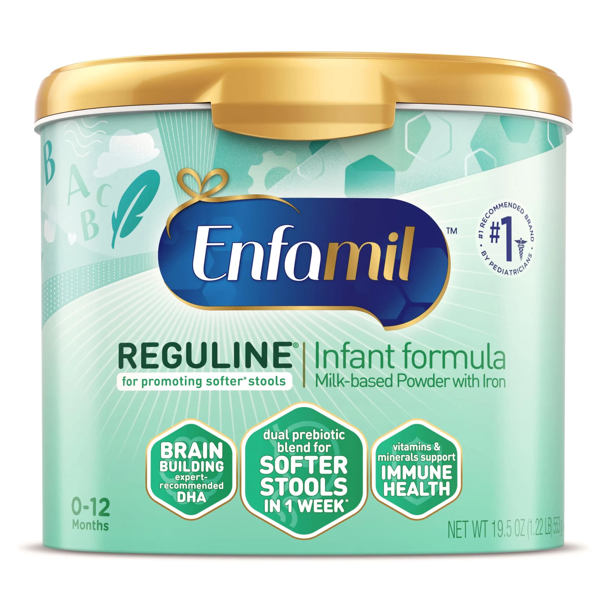 Enfamil Reguline Baby Formula for soft, comfortable stools, 19.5 Oz | Complete infant nutrition with prebiotics & DHA support — Tub