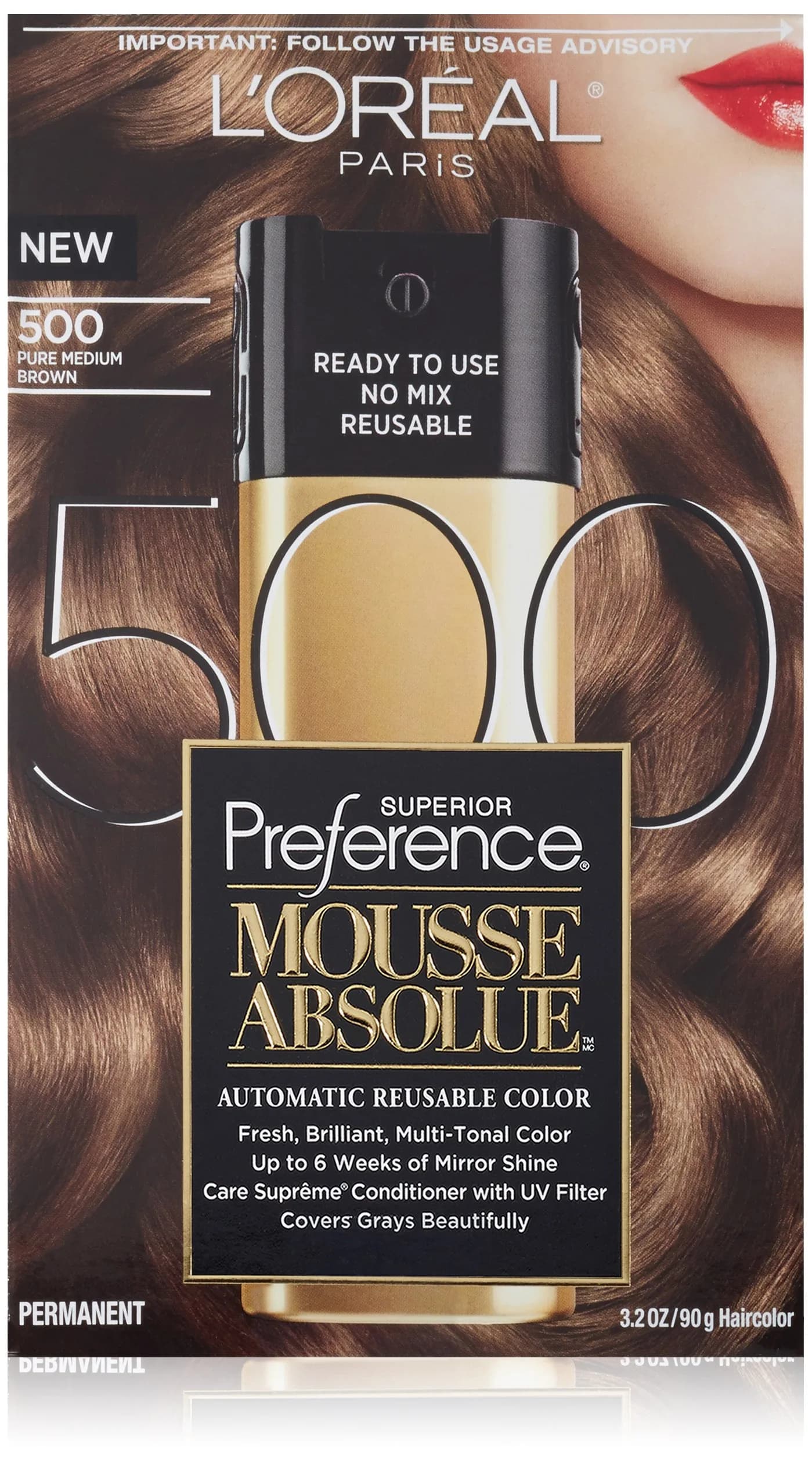 L'Oreal Paris Superior Preference Mousse Absolue 500 Pure Medium Brown | Reusable, multi-use hair color with UV care