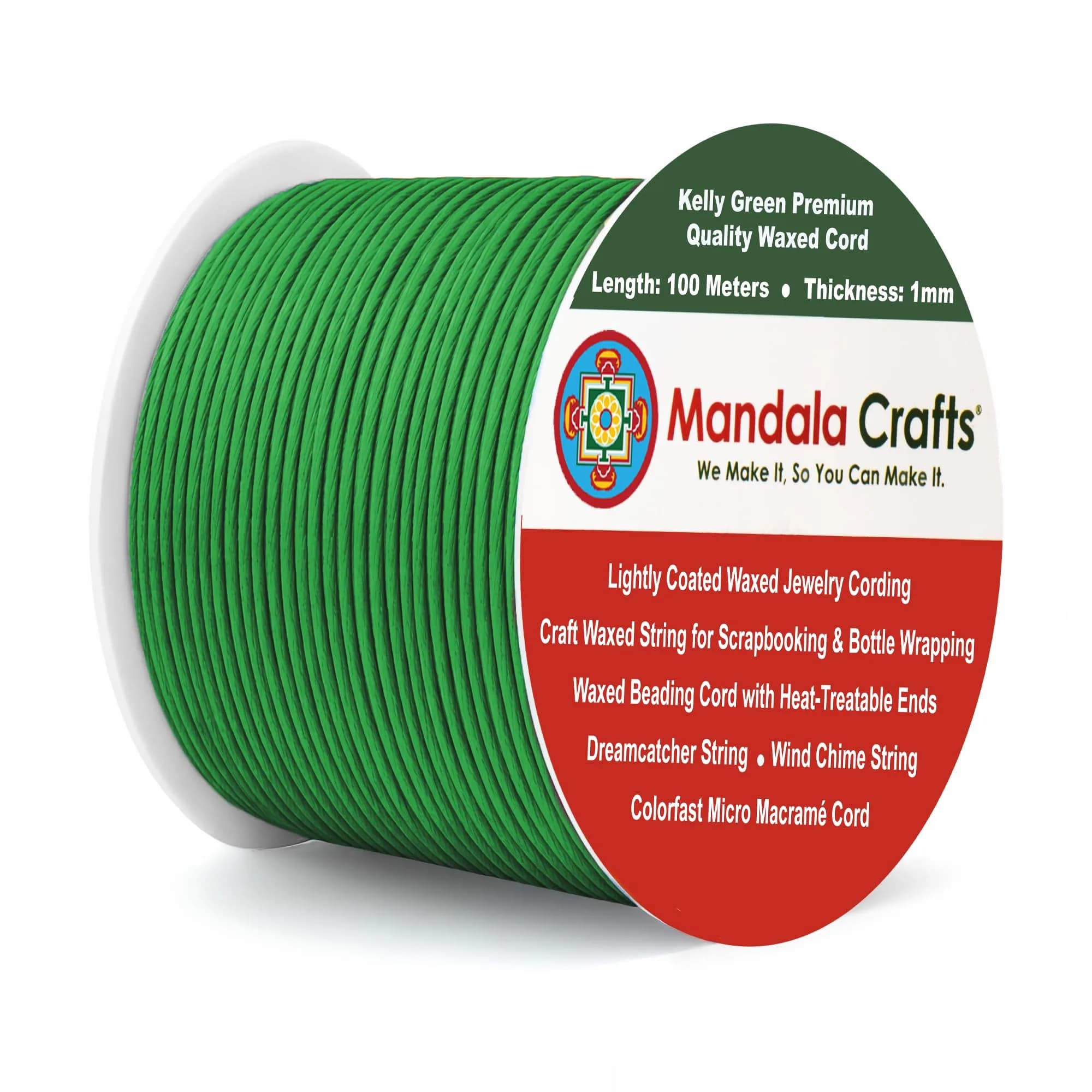 Mandala Crafts 1mm Lime Green Cotton Waxed Cord 327 ft (109 Yards) | Jewelry Making, Knotting, Accessory Assembly — Kelly Green / 1mm 109 Yards