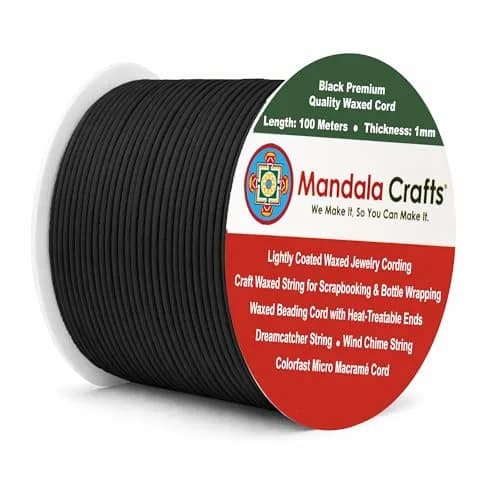Mandala Crafts 1mm Black Cotton Waxed Cord 327ft (109 Yards) | Fade-Resistant, Non-Irritating Jewelry String thumbnail 1