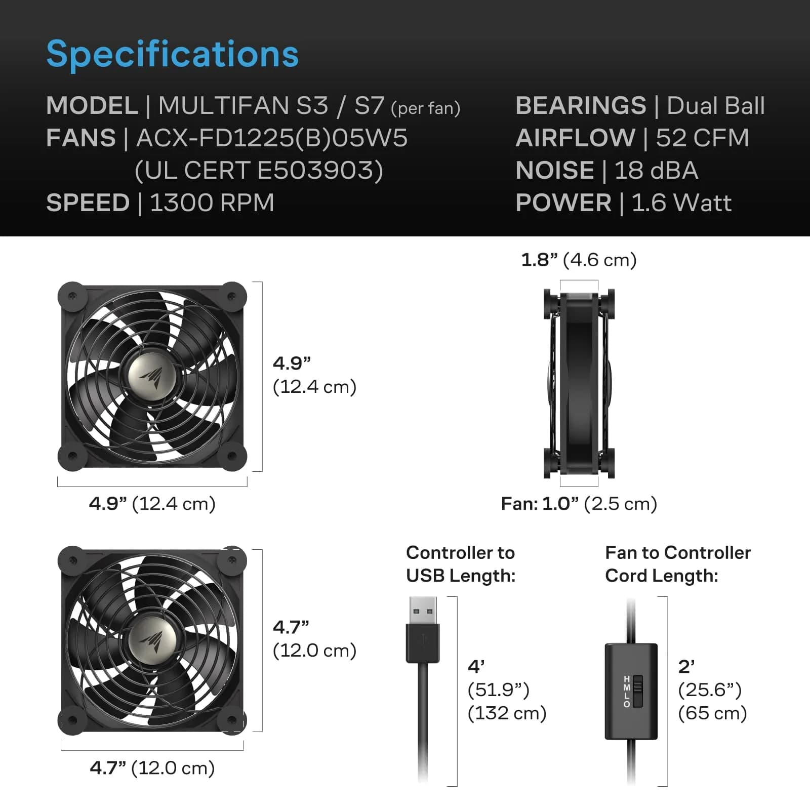 AC Infinity MULTIFAN S7 Dual 120mm USB Fan, 104 CFM, 19 dBA | UL-Certified for Electronics Cooling - view 6