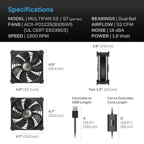 AC Infinity MULTIFAN S7 Dual 120mm USB Fan, 104 CFM, 19 dBA | UL-Certified for Electronics Cooling thumbnail 6
