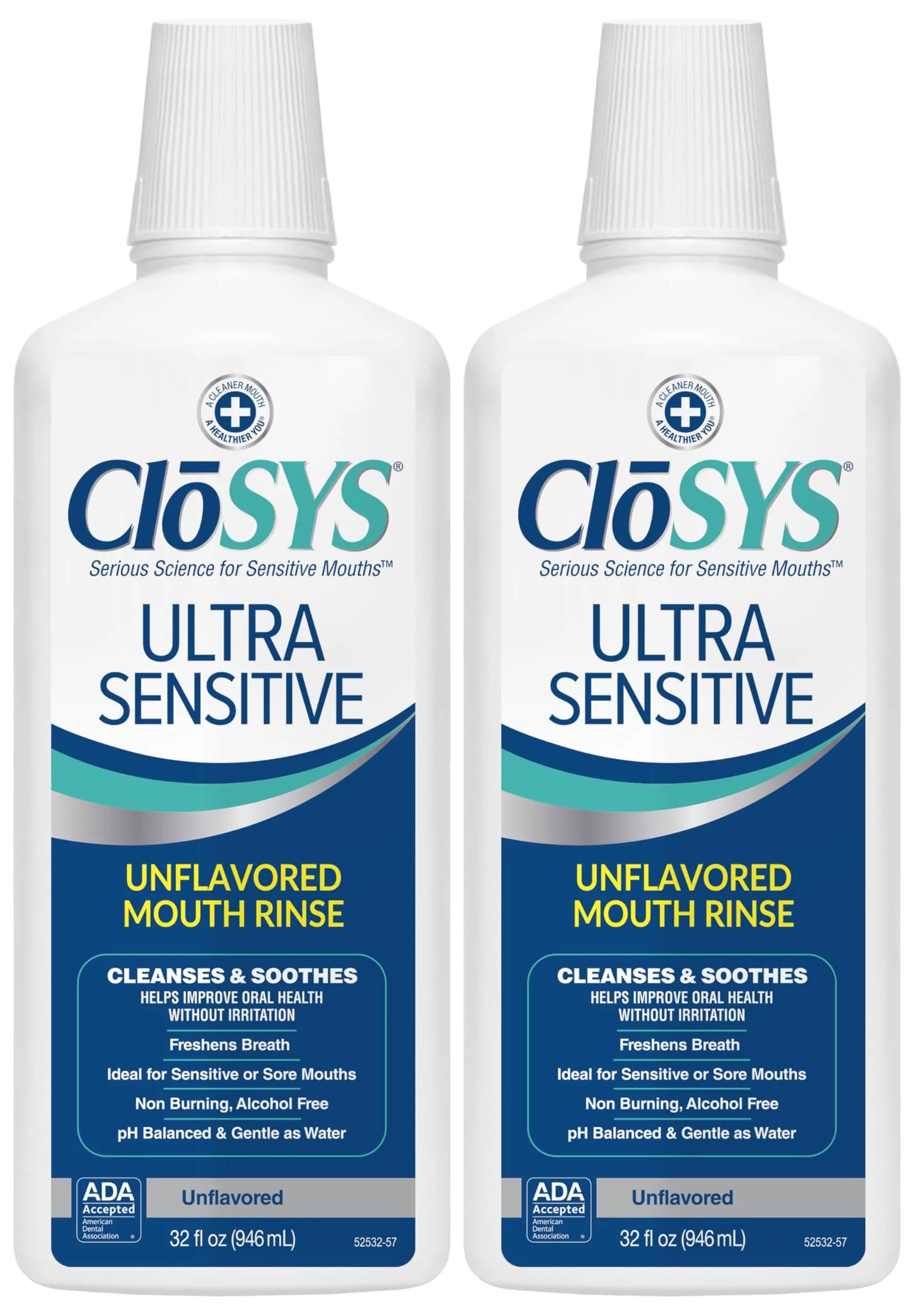 CloSYS Ultra Sensitive Mouthwash 32 Oz (946ml) Pack of 2 | Alcohol-Free, Unflavored, pH Balanced for Gentle Oral Care