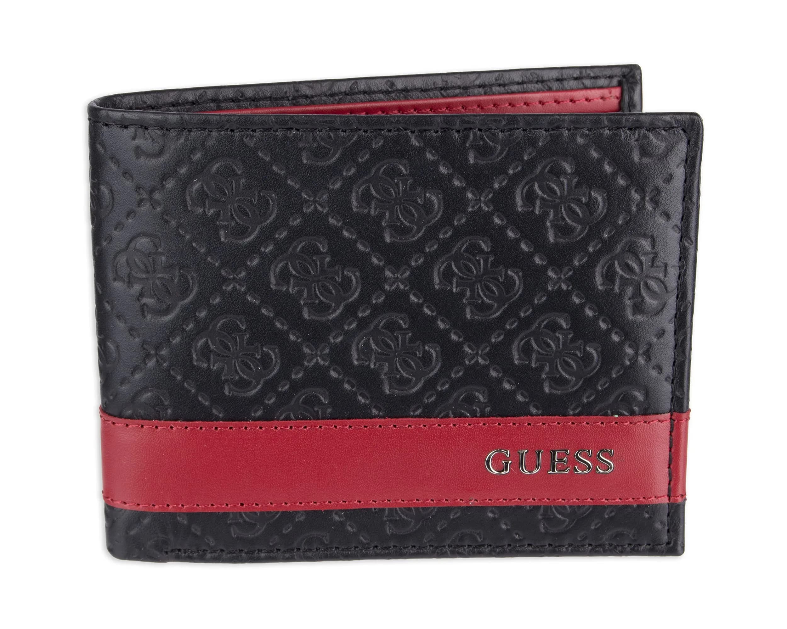 GUESS Men's Black/Red Full-Grain Leather Passcase Wallet with RFID Blocking - main product image