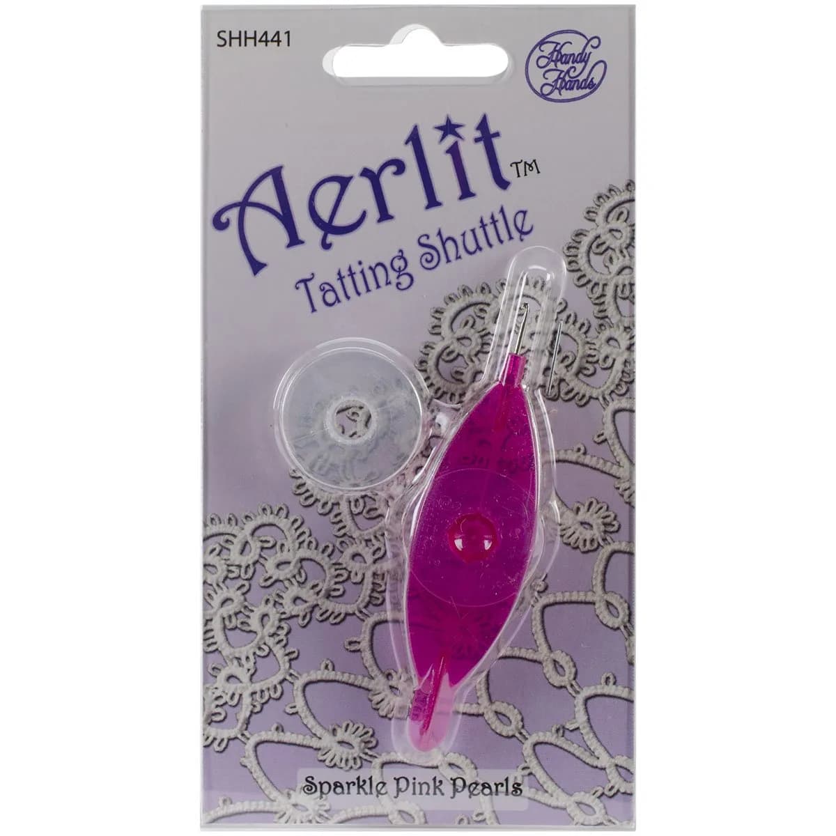 Handy Hands Aerlit Tatting Shuttle with 2 Bobbins, Sparkle Pink Pearls | 2 Bobbins Included